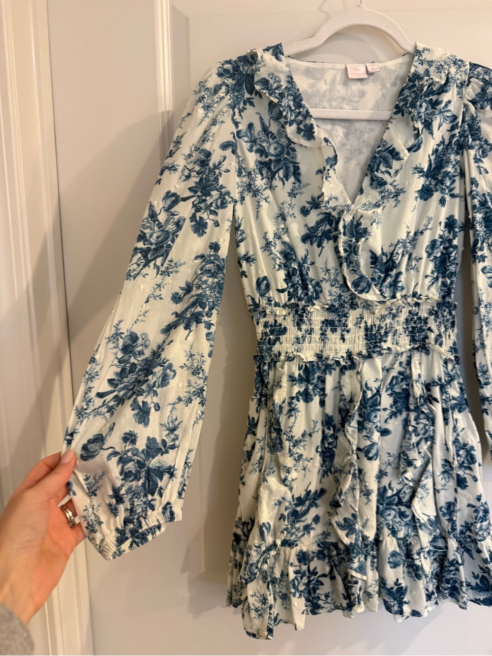 Gap x LoveShackFancy Blue Floral Ruffle Long Sleeve Mini Dress - Picture 4 of 10